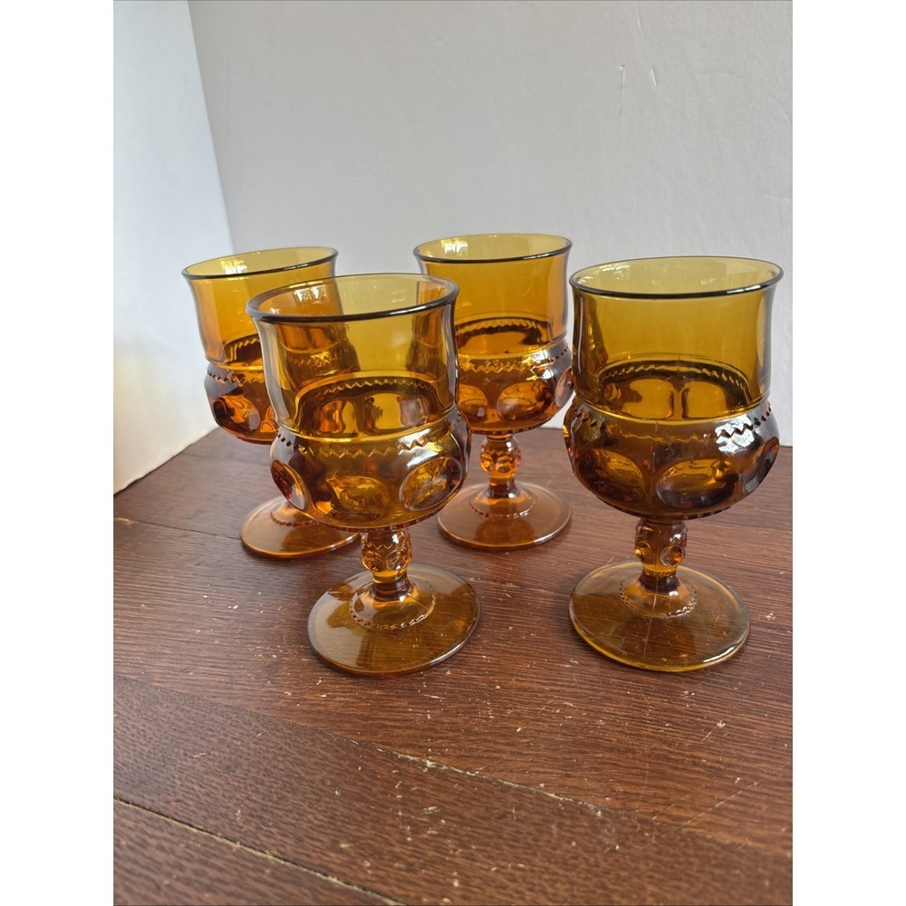 4 Vintage MCMβ Indiana Glass Amber Gold Kings Crown Thumbprint Goblet 5.75"